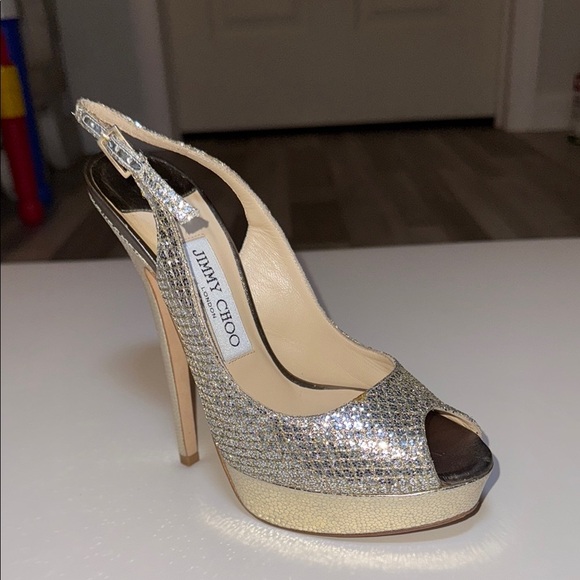 Jimmy Choo Glitter Fabric Champagne Peep Toe Sling Back Heel Size 37 Authentic - Picture 5 of 16